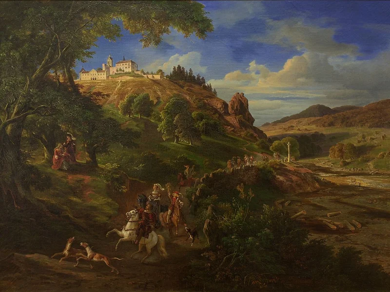 1801-Daniel Fohr - Castello di Neu-Eberstein presso Gernsbach con corteo di caccia medievale